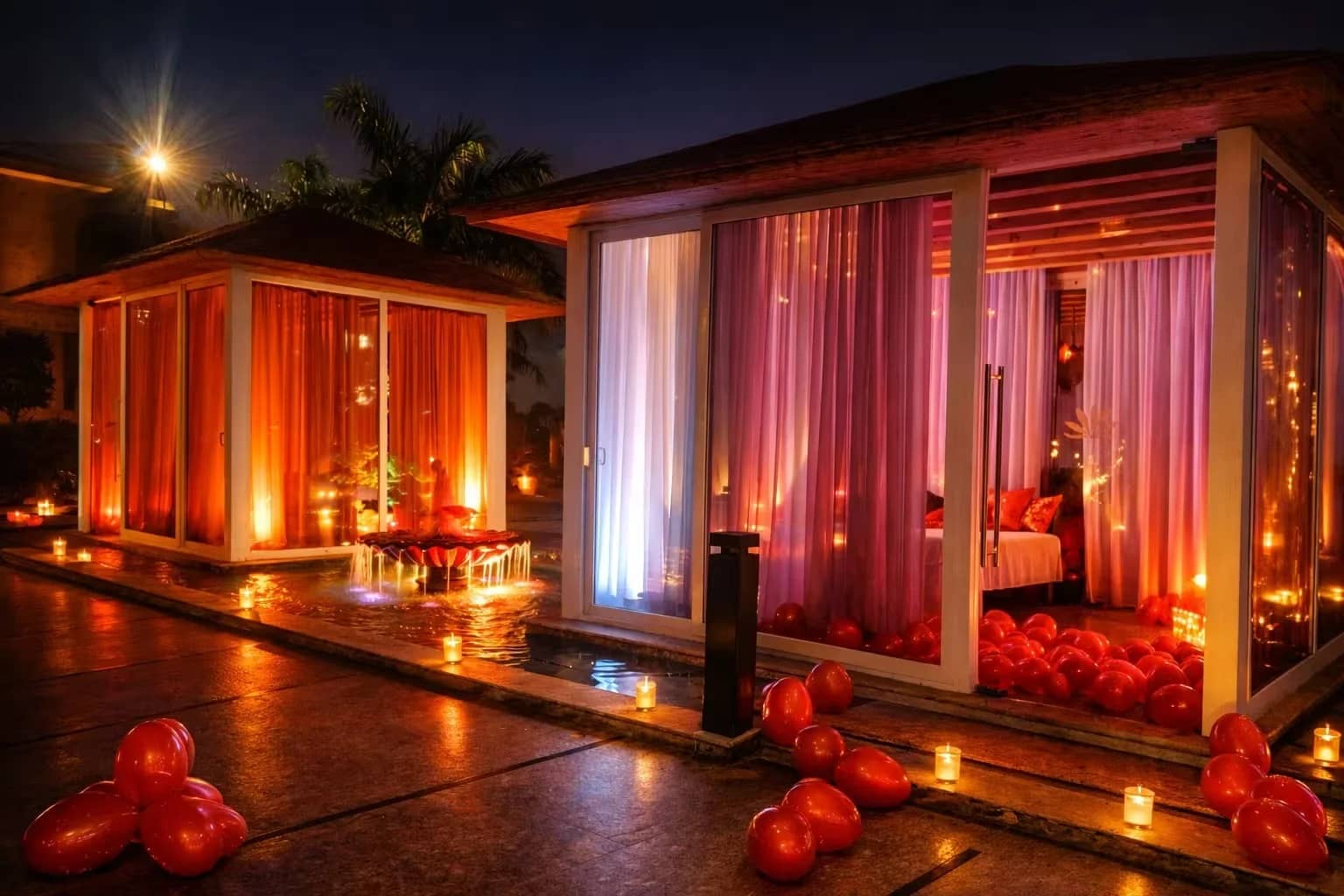 Raajsik’s two private cabanas, decorated for a celebration