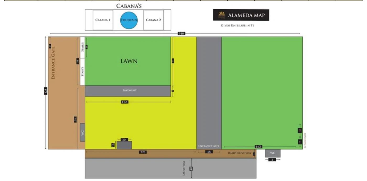 Alameda site plan with the lawn, cabanas and entrance gates