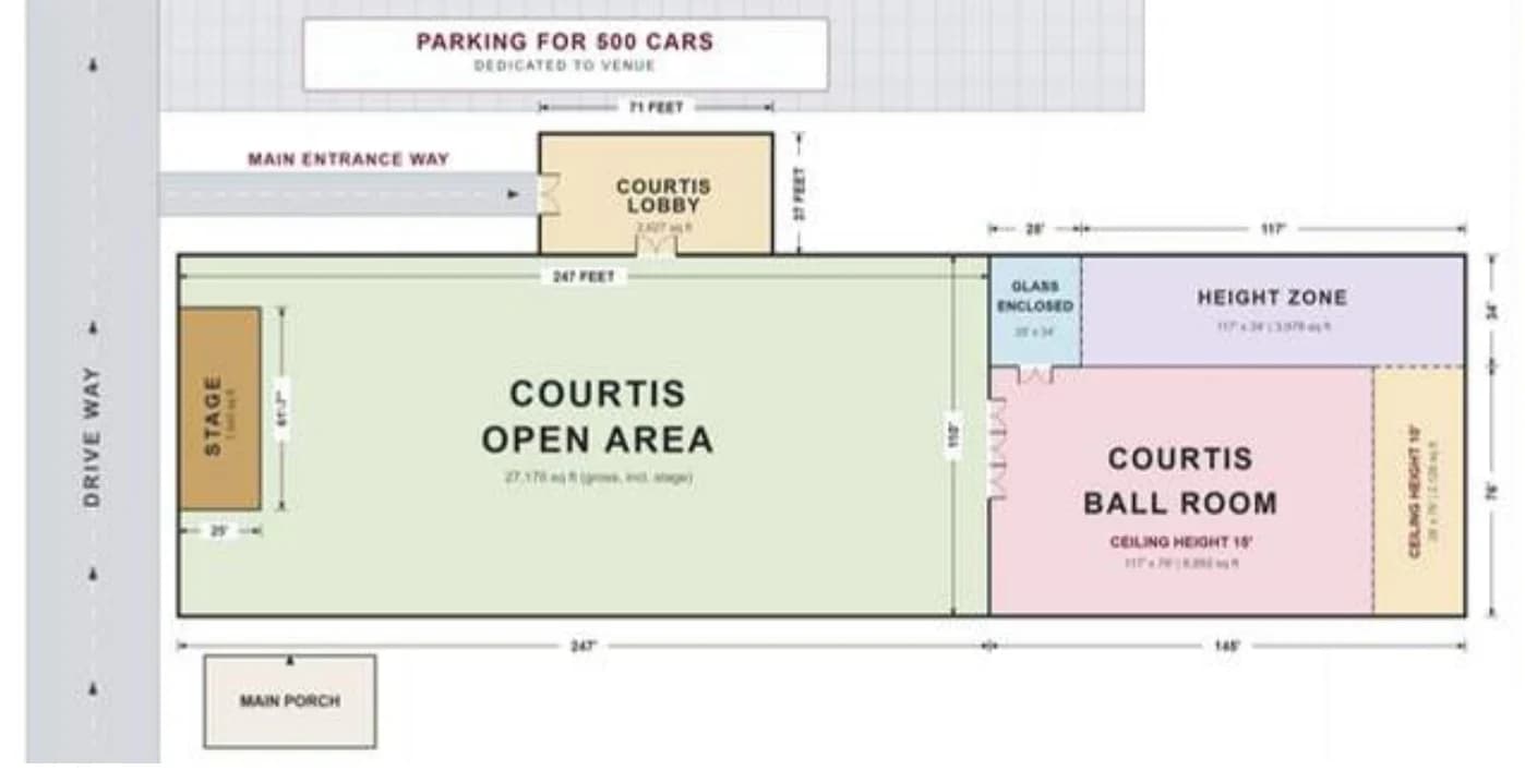 Courtis floor plan: lobby, open area with stage, and ballroom