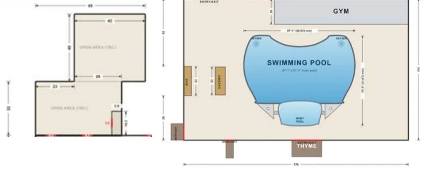 Poolside plan with the pool, open areas and adjoining hall