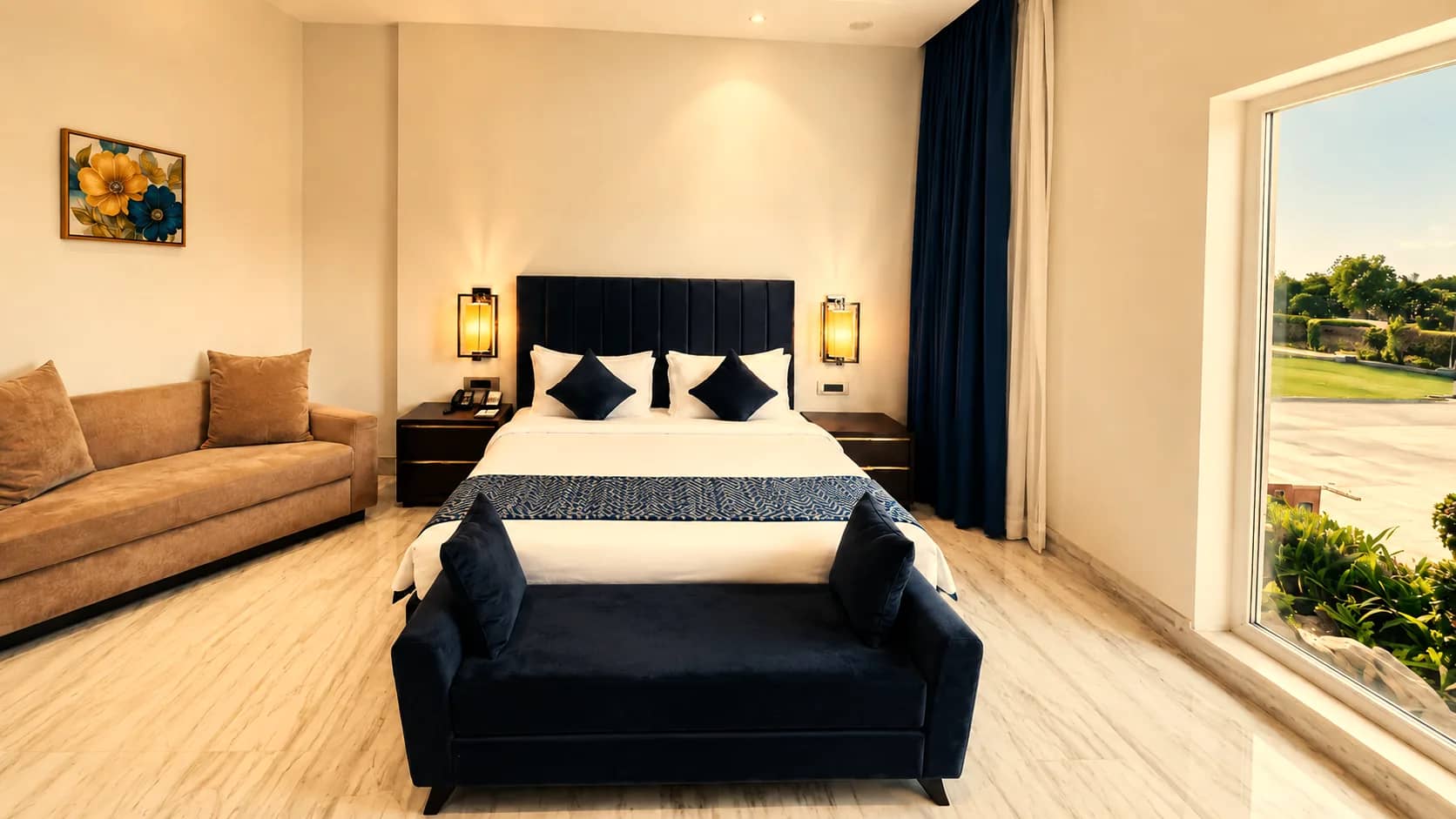 Junior Suite with sofa, king bed and garden view