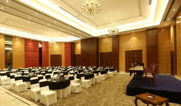 Flip Ballroom set theatre-style under chandeliers